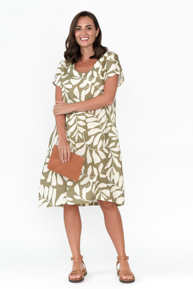 Sonny Khaki Leaf Linen Swing Dress
