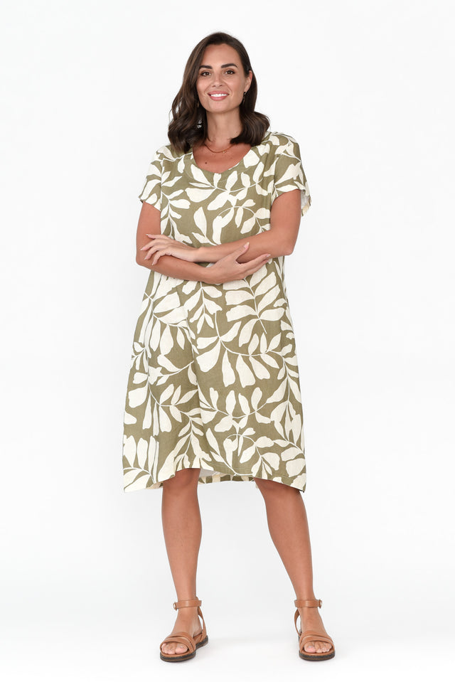 Sonny Khaki Leaf Linen Swing Dress