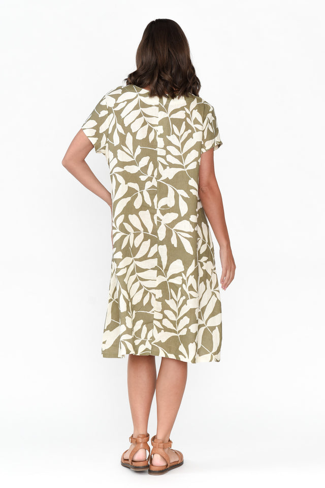 Sonny Khaki Leaf Linen Swing Dress