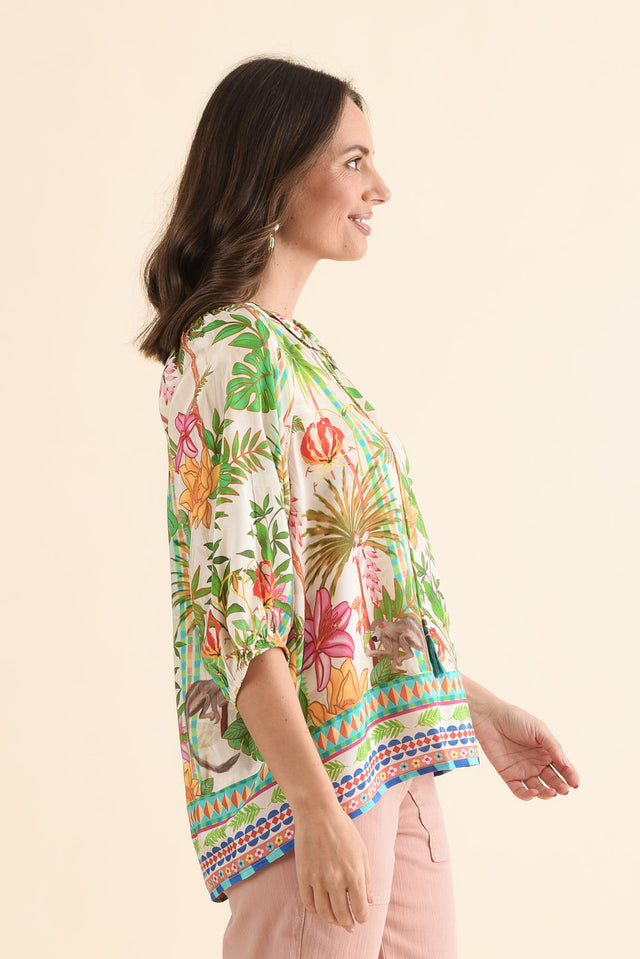 Sophina Green Palm Tassel Top,Side,Brunette model,alt text|model:MJ image 3