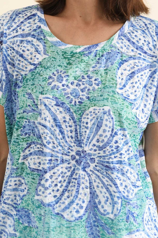Sorelle Green Floral Cotton Blend Tee,brunette model,Close up of outfit,alt text|model:Cara image 5