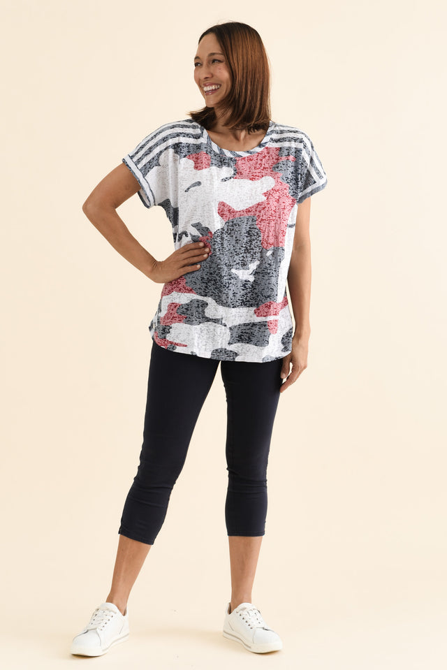 Sorelle Navy Abstract Cotton Blend Tee,Full Body,Brunette model,alt text|model:Cara image 3
