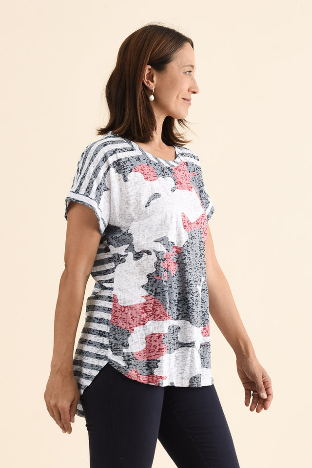 Sorelle Navy Abstract Cotton Blend Tee,Side,Brunette model,alt text|model:Cara image 4