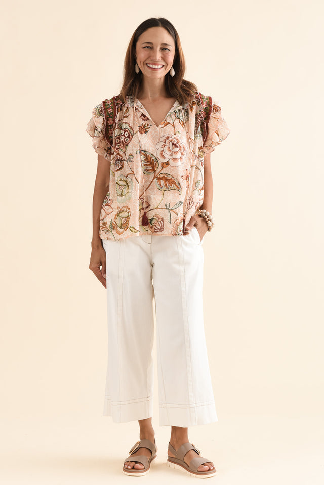 Sorrae Beige Floral Cotton Ruffle Top,Full Body,Brunette model,alt text|model:Cara image 6