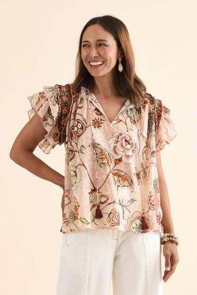 Sorrae Beige Floral Cotton Ruffle Top
