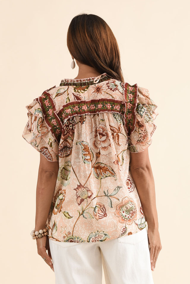 Sorrae Beige Floral Cotton Ruffle Top,Back,Brunette model,alt text|model:Cara image 4
