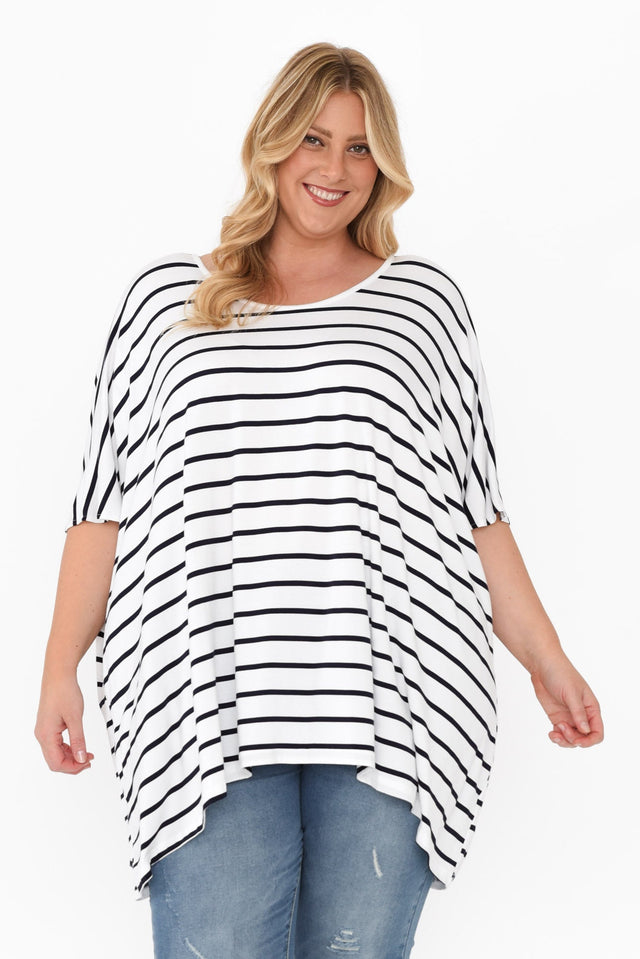 Sorronda White Stripe Bamboo Batwing Top,Blonde model,plus-size,curve-basics,curve-tops,plus-size-sleeved-tops,plus-size-basic-tops,alt text|model:Caitlin