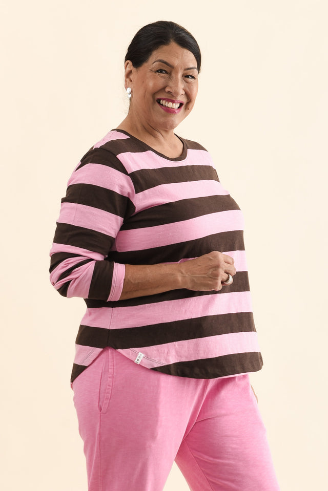 Spritz Chocolate Stripe Long Sleeve Tee,Side,Brunette model,alt text|model:Pilita image 3