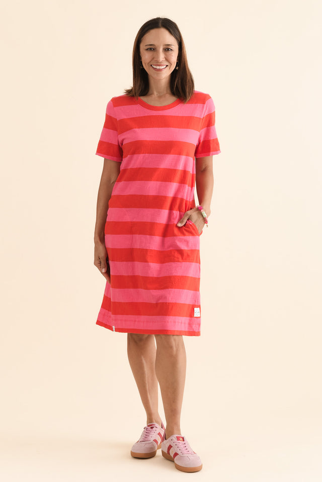 Spritz Pink Stripe Cotton Tee Dress,Full Body,Brunette model,alt text|model:Cara image 2