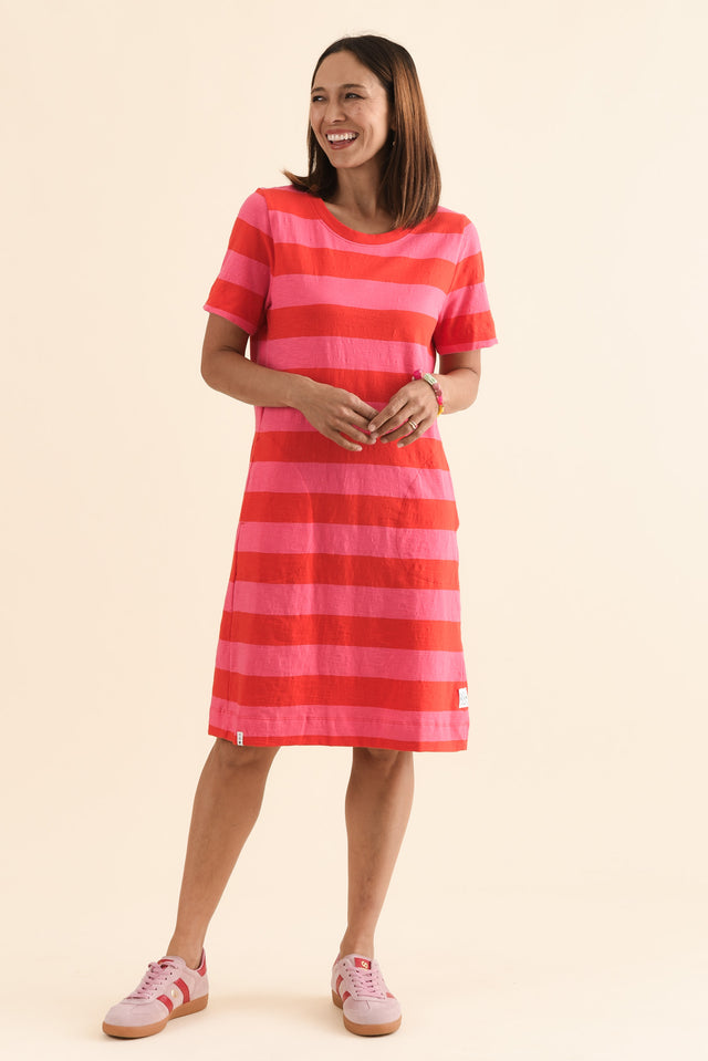 Spritz Pink Stripe Cotton Tee Dress,Full Body,Brunette model,alt text|model:Cara image 6