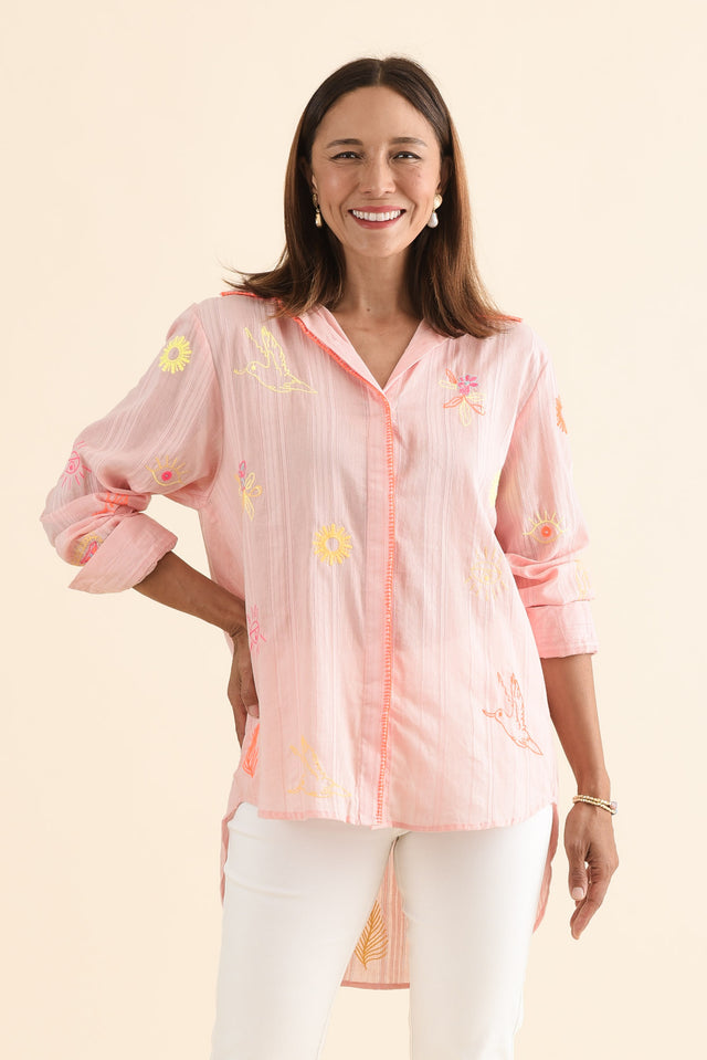 Stacey Pink Summer Cotton Embroidered Shirt,Front,Brunette model,alt text|model:Cara image 1