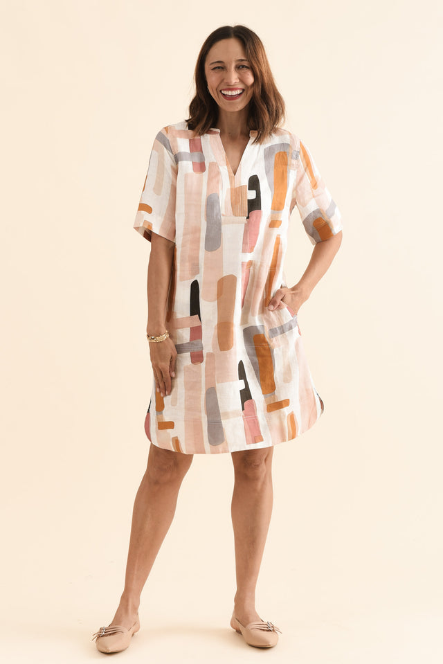 Stafford Cream Abstract Linen Dress,Full Body,Brunette model,alt text|model:Cara image 6