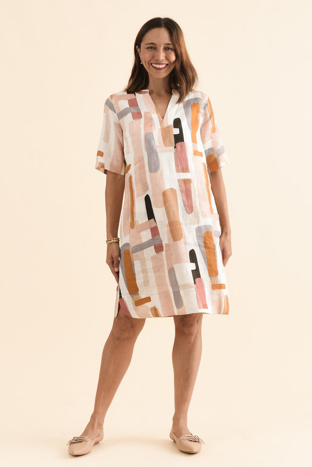 Stafford Cream Abstract Linen Dress,Full Body,Brunette model,alt text|model:Cara image 2