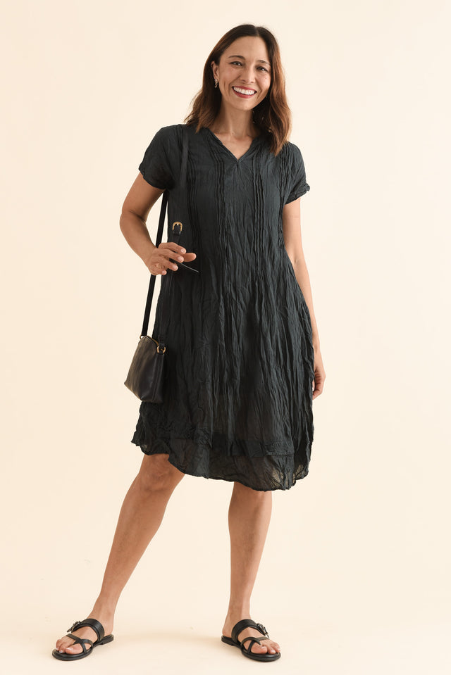 Stassi Charcoal Crinkle Cotton Dress,Front,Brunette model,alt text|model:Cara