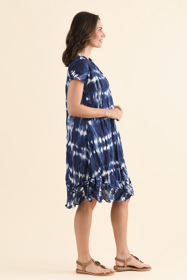 Stassi Navy Tie Dye Crinkle Cotton Dress,Side,Brunette model,alt text|model:MJ image 3