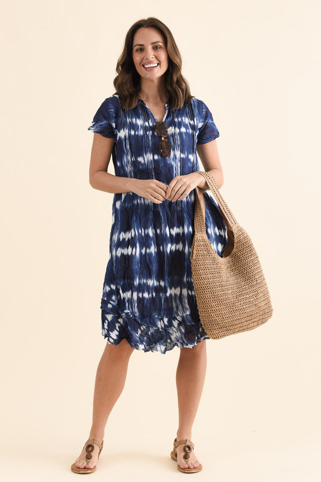 Stassi Navy Tie Dye Crinkle Cotton Dress,Front,Brunette model,alt text|model:MJ