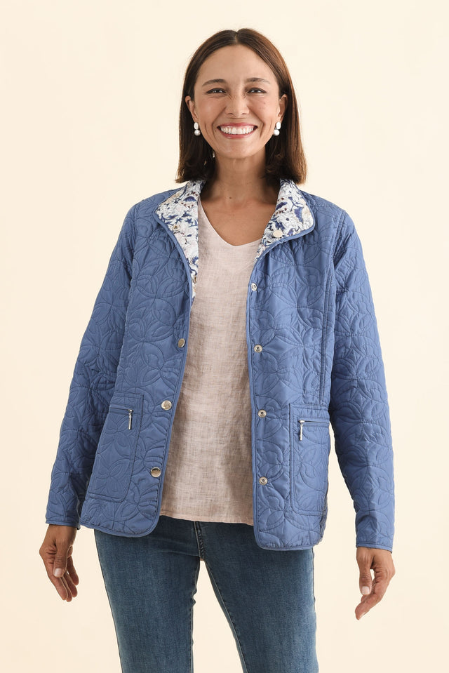 Stefan Blue Paisley Embroidered Button Jacket,Brunette model,alt text|model:Cara image 4