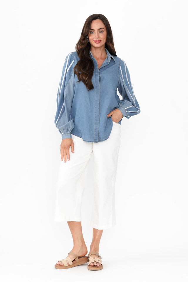 Stella Blue Denim Shirt,Brunette model,alt text|model:Elouise image 3