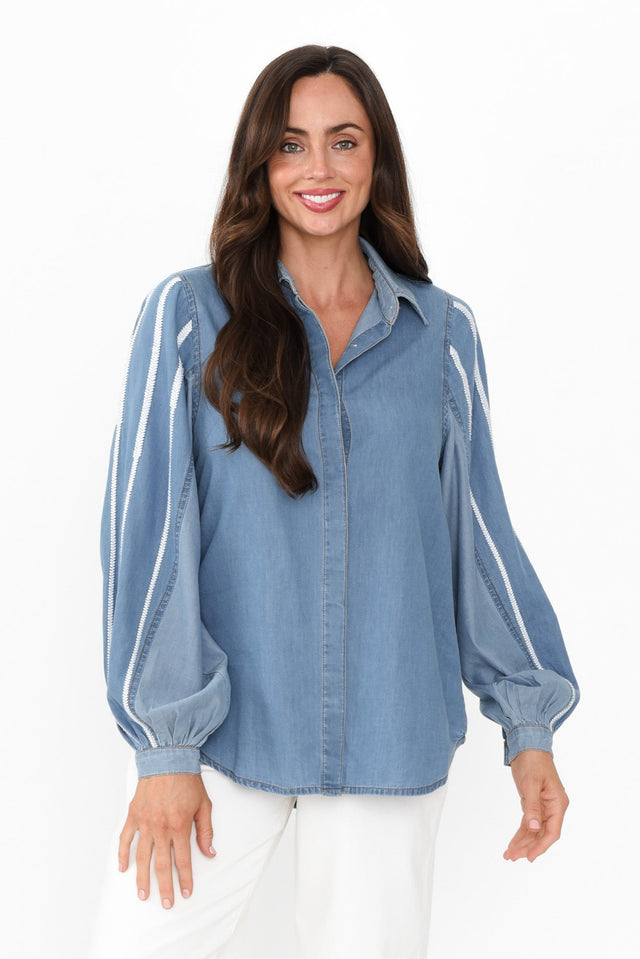 Stella Blue Denim Shirt,Brunette model,alt text|model:Elouise