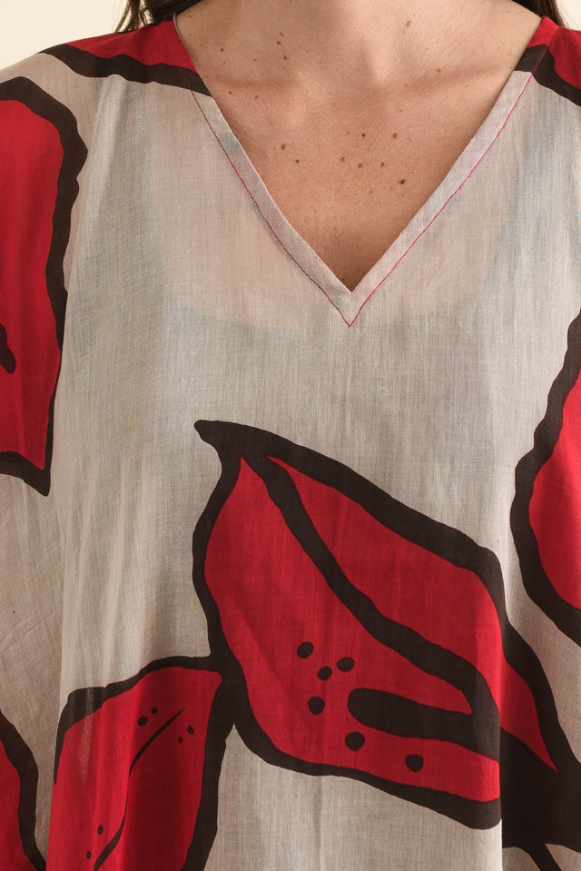 Stella Red Bloom Cotton Kaftan,Detail,Brunette model,alt text|model:MJ image 5