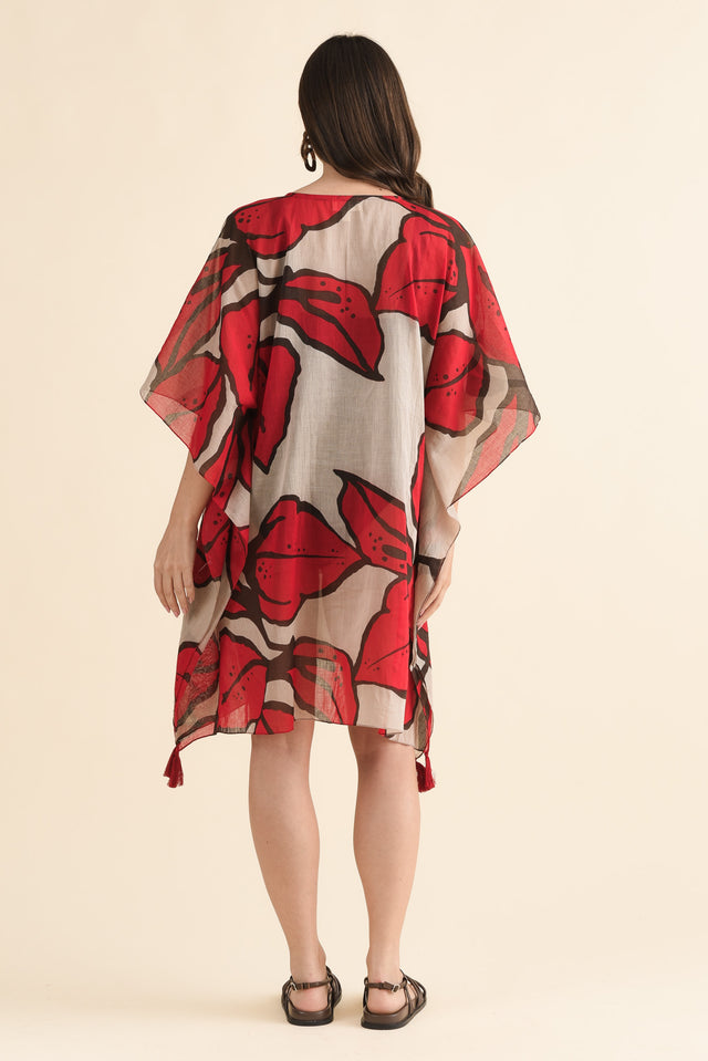 Stella Red Bloom Cotton Kaftan,Back,Brunette model,alt text|model:MJ image 4