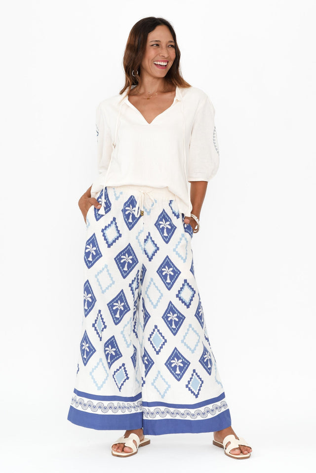 Yara Blue Palm Linen Pants,Brunette model,alt text|model:Cara image 7