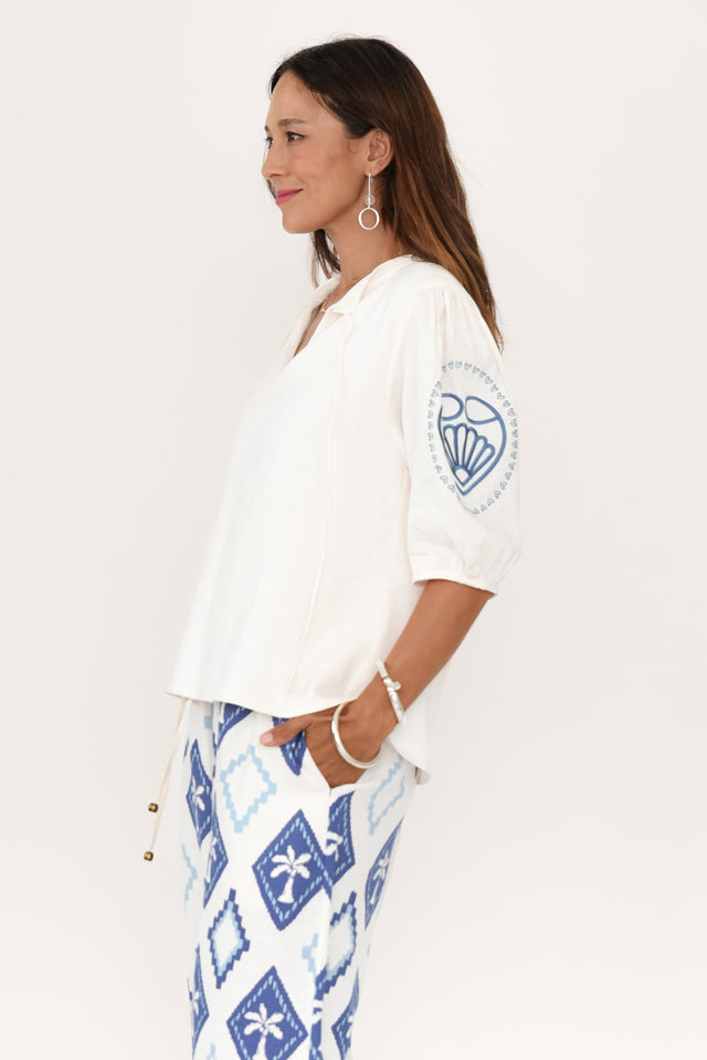 Steph Cream Seashell Embroidered Linen Top,Brunette model,alt text|model:Cara image 4