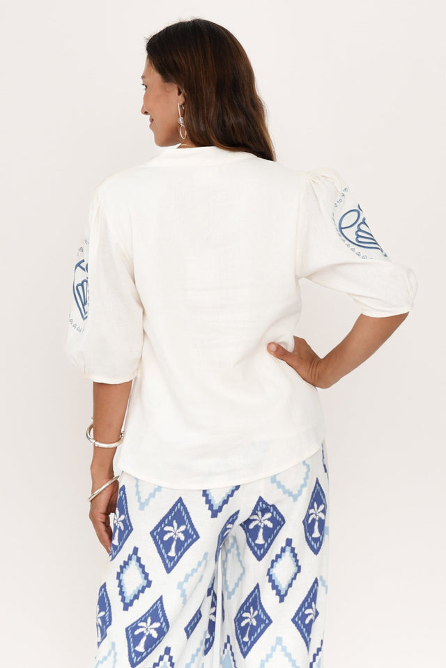 Steph Cream Seashell Embroidered Linen Top,Brunette model,alt text|model:Cara image 5