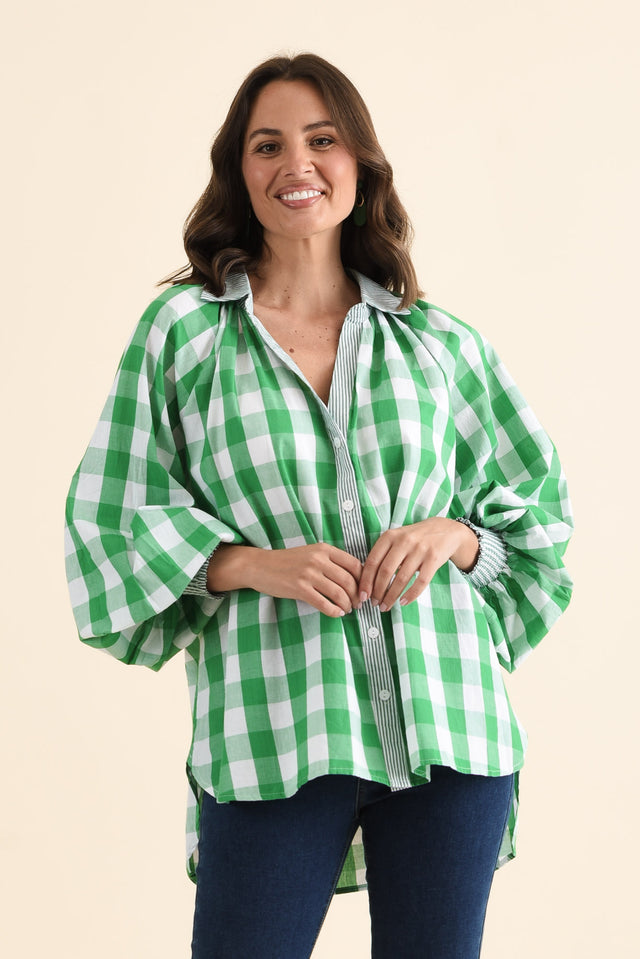Stephens Green Check Cotton Shirt,brunette model,Front of Outfit,alt text|model:MJ image 1