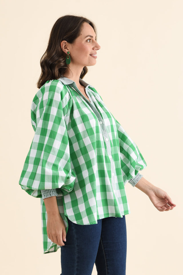 Stephens Green Check Cotton Shirt,brunette model,Side of Outfit,alt text|model:MJ image 3