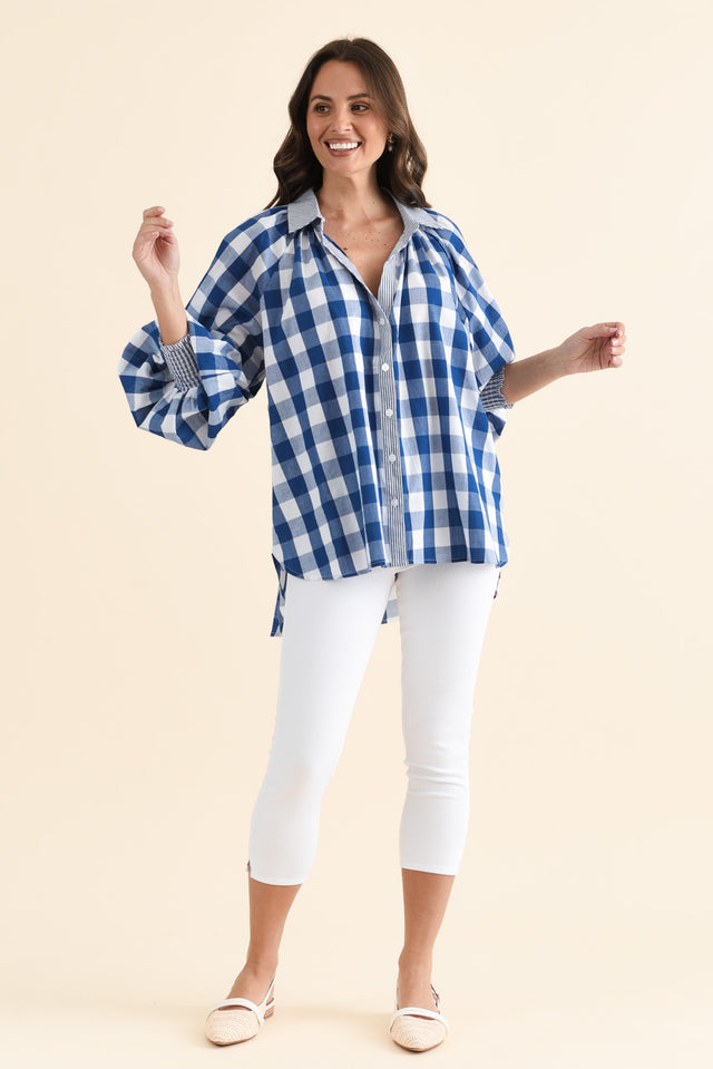 Stephens Navy Check Cotton Shirt,brunette model,Full Outfit,alt text|model:MJ image 2