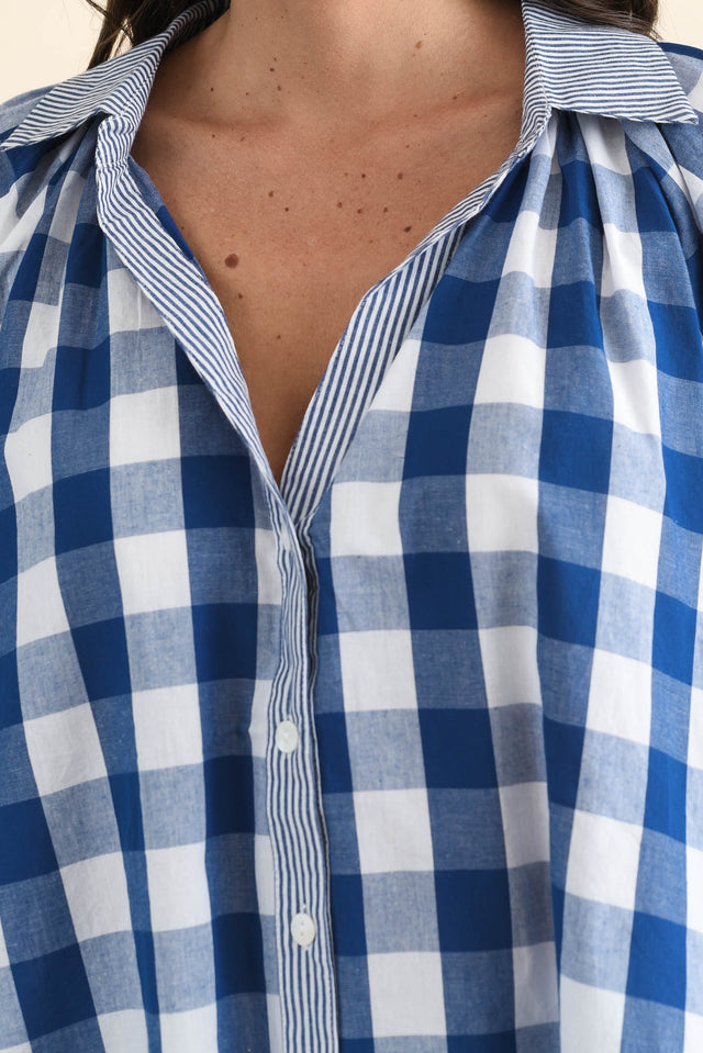 Stephens Navy Check Cotton Shirt,brunette model,Close up of outfit,alt text|model:MJ image 5