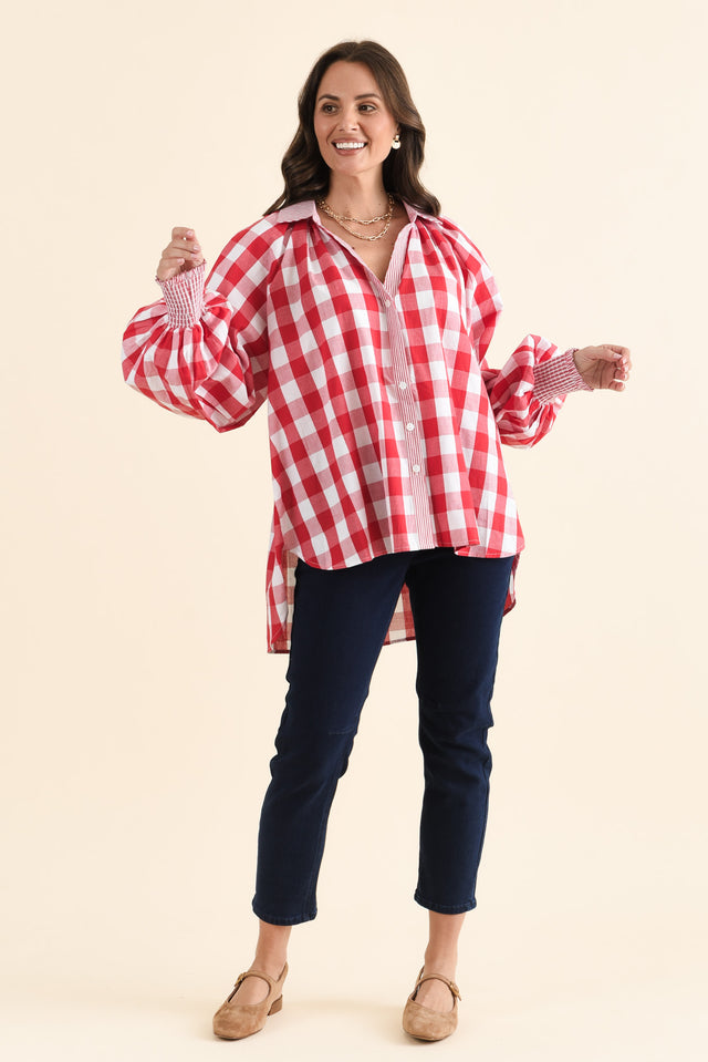 Stephens Red Check Cotton Shirt,brunette model,Full Outfit,alt text|model:MJ image 6