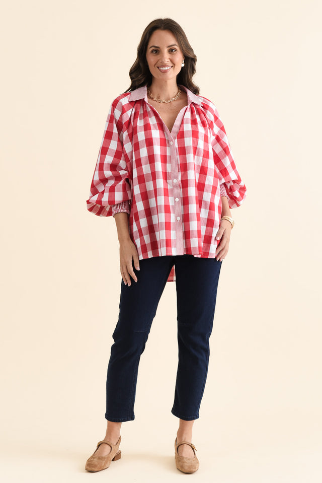 Stephens Red Check Cotton Shirt,brunette model,Full Outfit,alt text|model:MJ image 2