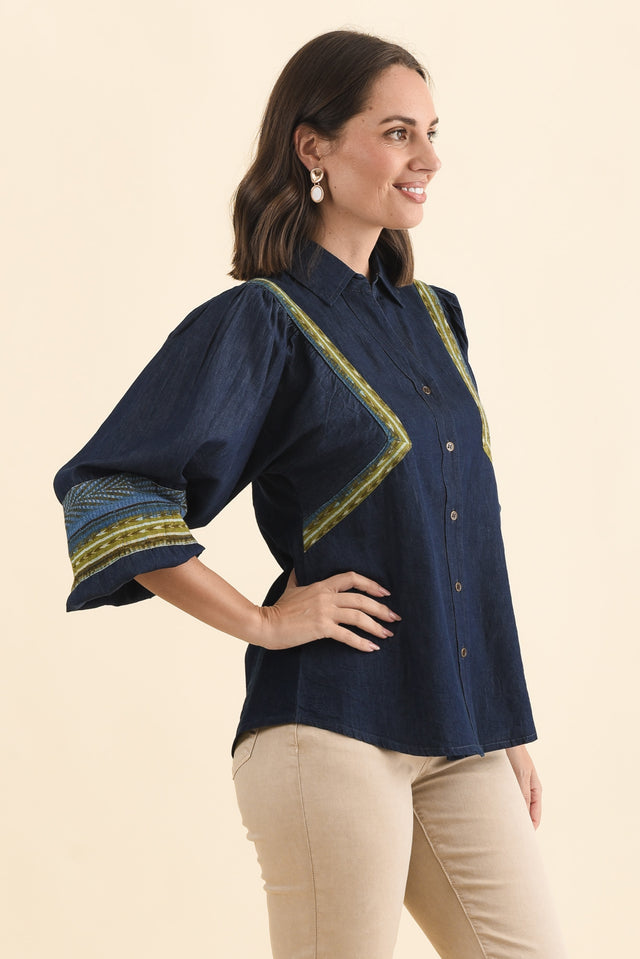 Stiles Blue Denim Puff Sleeve Top,Brunette model,alt text|model:MJ image 4