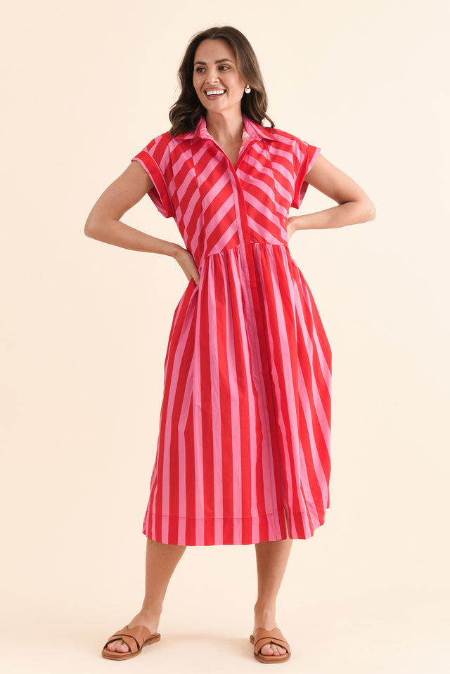 Susan Pink Stripe Cotton Collared Dress,Full Body,Brunette model,alt text|model:MJ image 2