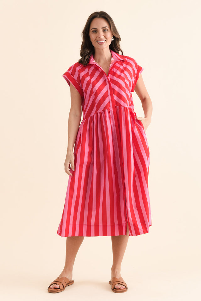 Susan Pink Stripe Cotton Collared Dress,Full Body,Brunette model,alt text|model:MJ image 6