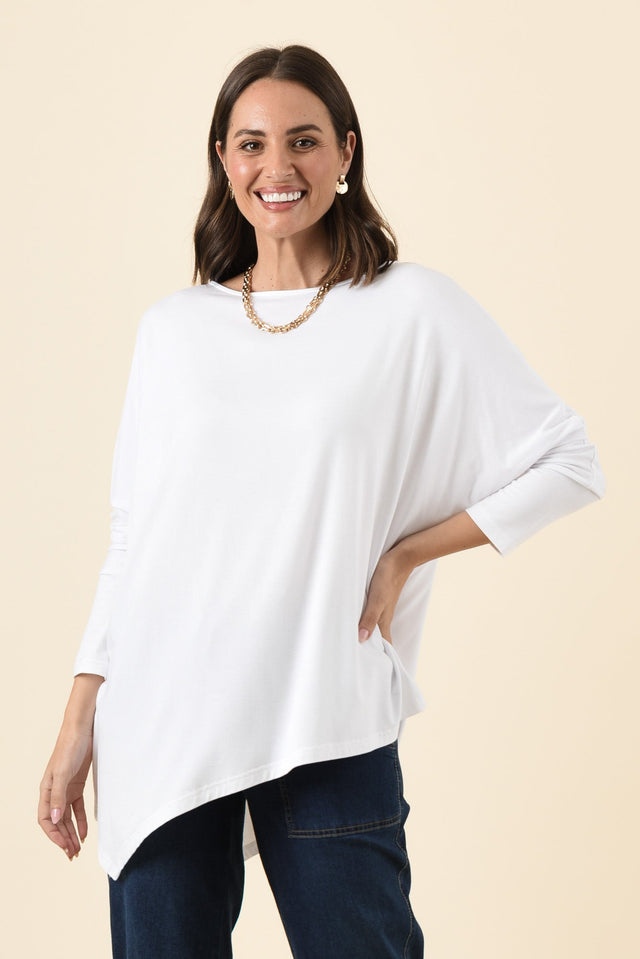 Susie White Asymmetrical Bamboo Top,Brunette model,alt text|model:MJ