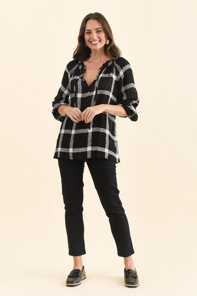 Sussana Black Check Linen Tie Top,Full Body,Brunette model,alt text|model:MJ image 2