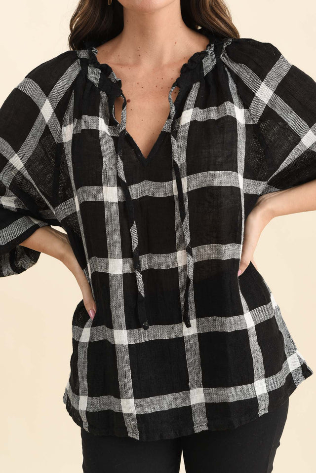 Sussana Black Check Linen Tie Top,Detail,Brunette model,alt text|model:MJ image 5