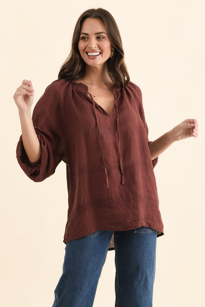 Sussana Burgundy Linen Tie Top