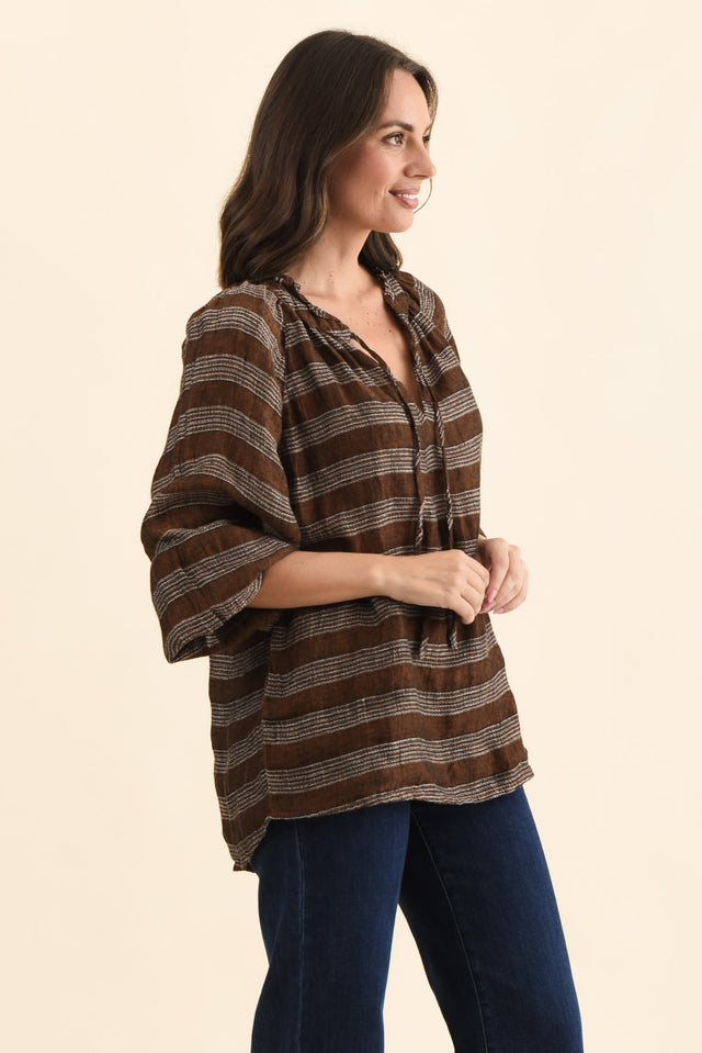 Sussana Bronze Stripe Linen Tie Top,Side,Brunette model,alt text|model:MJ image 4