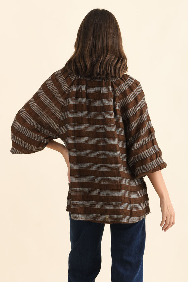 Sussana Bronze Stripe Linen Tie Top,Back,Brunette model,alt text|model:MJ image 5