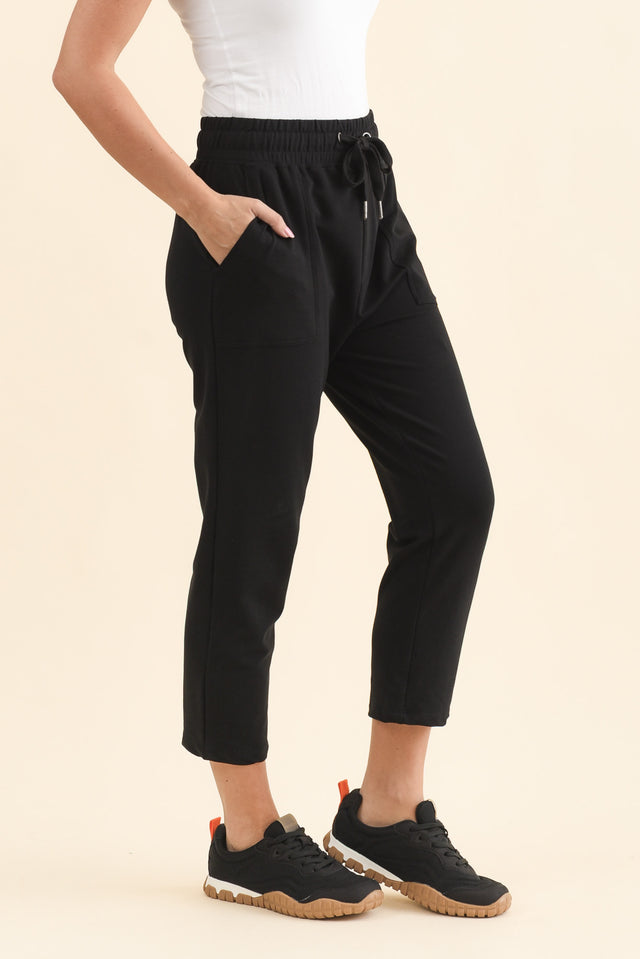 Sutton Black Cotton Relaxed Sweatpants,Side,Brunette model,alt text|model:MJ image 3