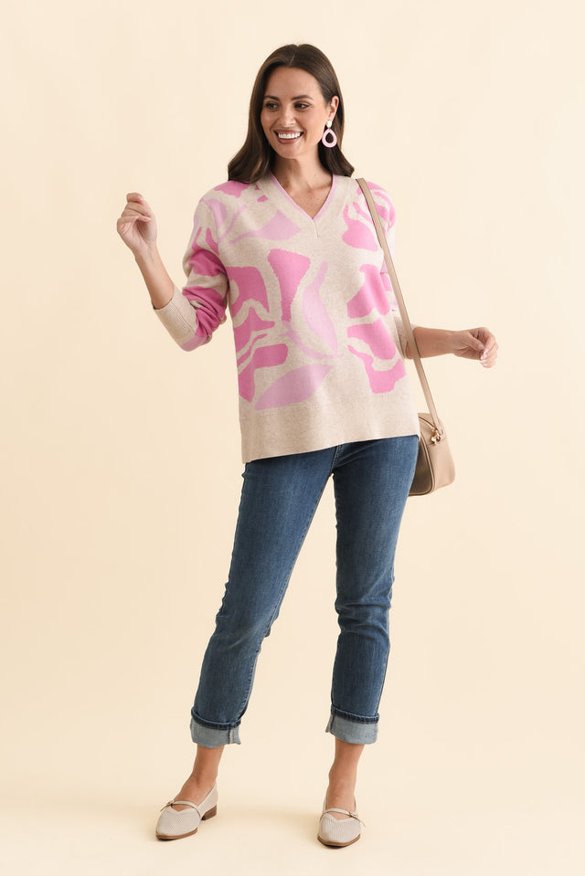 Swan Pink Flower Knit Jumper,Brunette model,alt text|model:MJ image 3