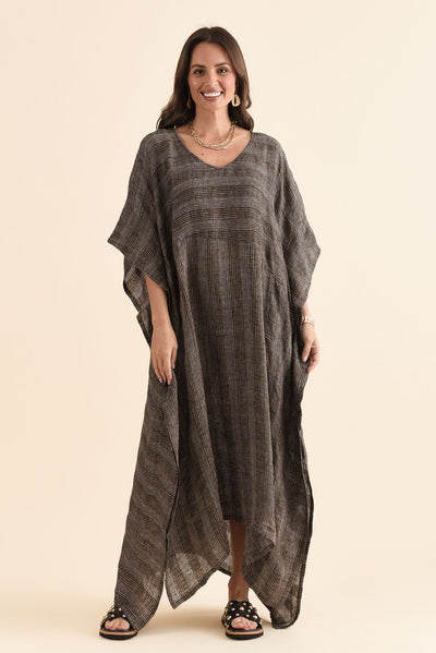 Taia Charcoal Stripe Linen Kaftan