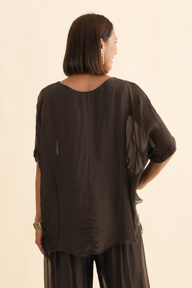 Talia Chocolate Silk Layer Top,Brunette model,alt text|model:Cara image 5