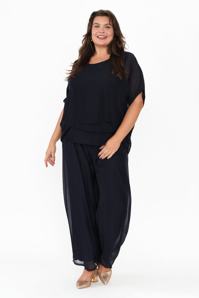 Laurier Navy Silk Wide Leg Pants,Brunette model,alt text|model:Gabby image 14