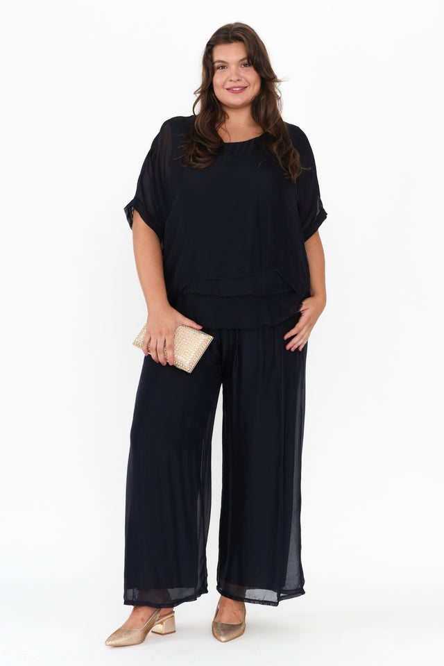 Talia Navy Silk Layer Top,Brunette model,alt text|model:Gabby image 10