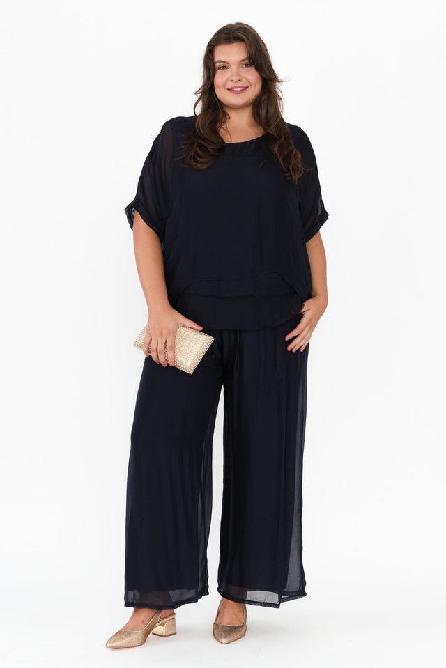 Laurier Navy Silk Wide Leg Pants,Brunette model,alt text|model:Gabby image 11